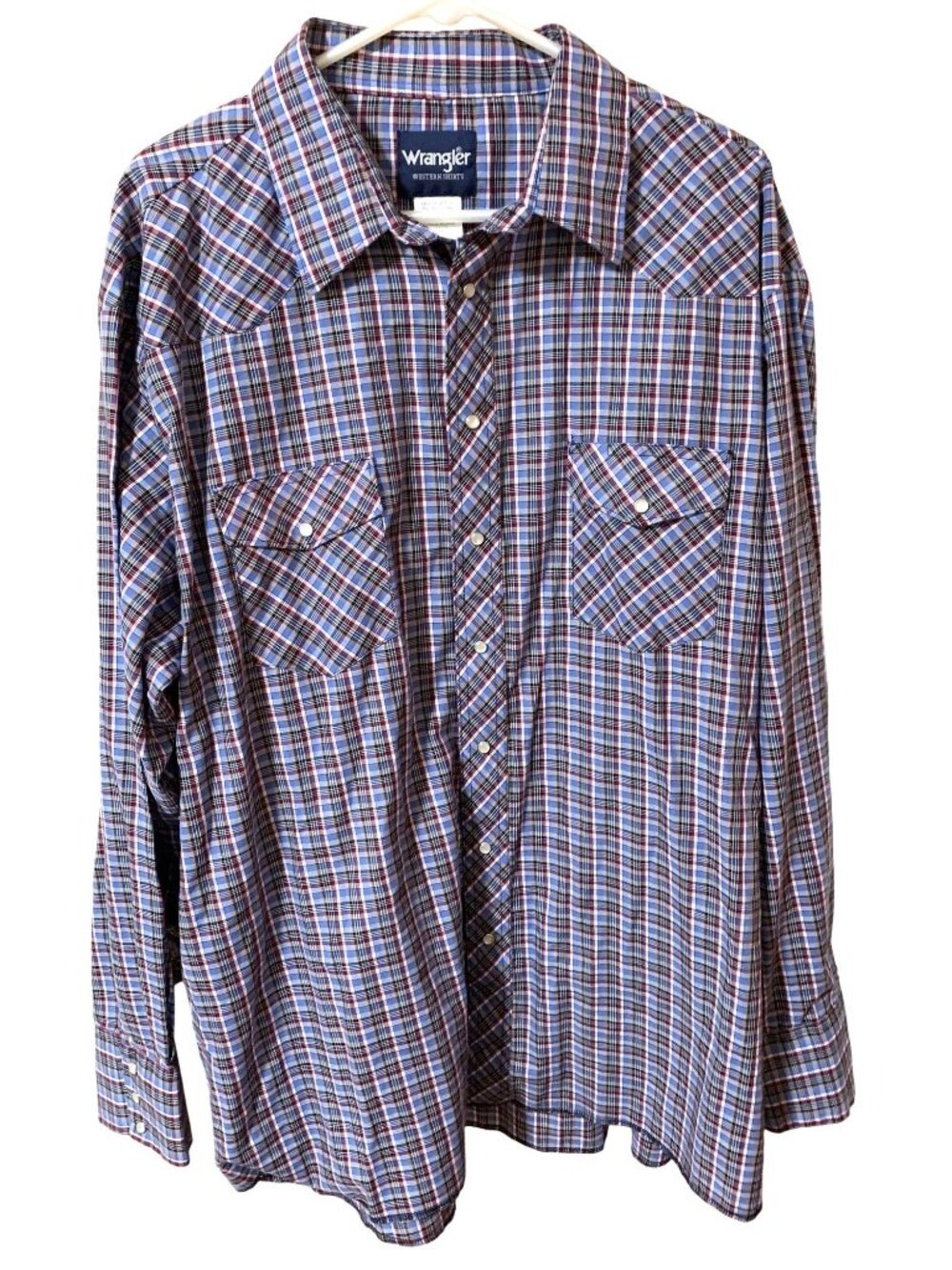 Wrangler Mens 3XLT Western Pearl Snap Shirt Blue Plaid Long Sleeve Cowboy Ranch